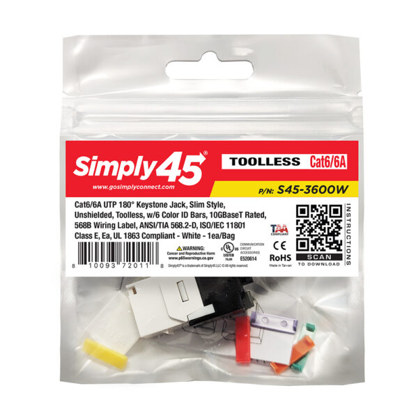 S45-3600W-25 - Cat6/6A UTP 180 Degree Keystone Jack 110 Style - Toolless - White - 25ea/Bag - Image 5
