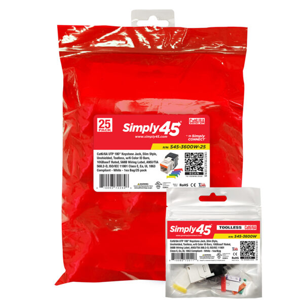 S45-3600W-25 - Cat6/6A UTP 180 Degree Keystone Jack 110 Style - Toolless - White - 25ea/Bag