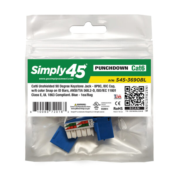 S45-3690BL-25 - Cat6 Unshielded 90 Degree Keystone Jack - Blue - 1EA/Bag, 25/Pack - Image 4