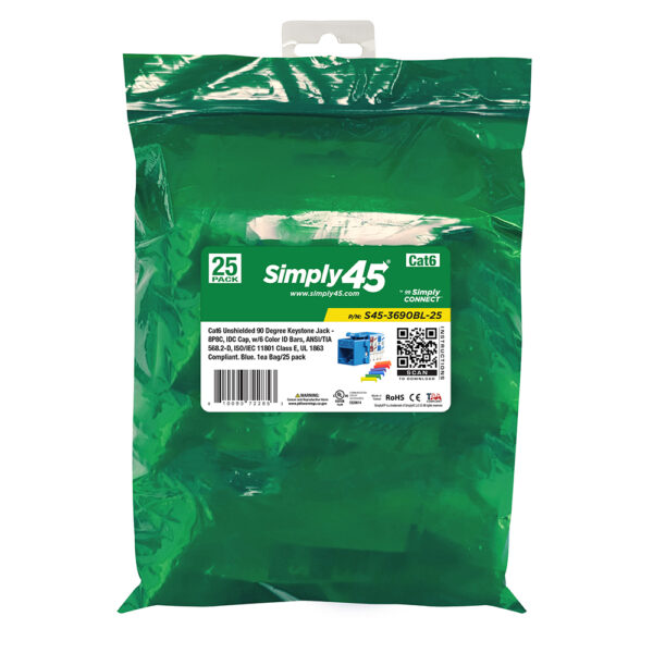 S45-3690BL-25 - Cat6 Unshielded 90 Degree Keystone Jack - Blue - 1EA/Bag, 25/Pack - Image 3