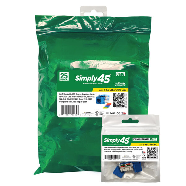 S45-3690BL-25 - Cat6 Unshielded 90 Degree Keystone Jack - Blue - 1EA/Bag, 25/Pack