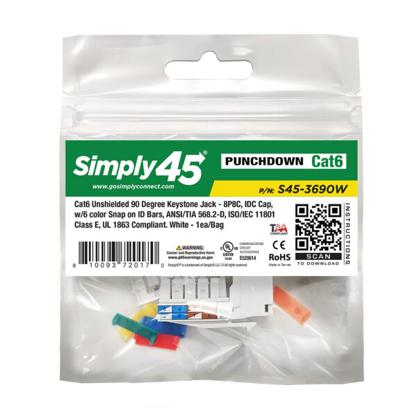 S45-3690W - Cat6 Unshielded 90 Degree Keystone Jack - White - 1 EA/BAG - Image 2