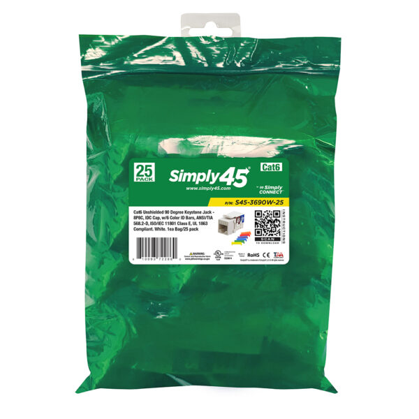 S45-3690W-25 - Cat6 Unshielded 90 Degree Keystone Jack - White - 1EA/Bag, 25/Pack - Image 3