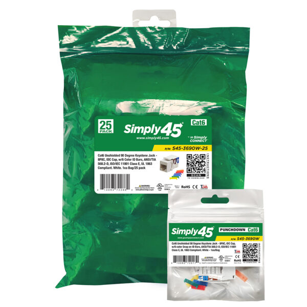 S45-3690W-25 - Cat6 Unshielded 90 Degree Keystone Jack - White - 1EA/Bag, 25/Pack