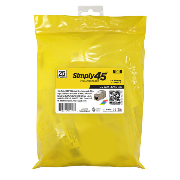 S45-3750-25 - 10G Rated 180 Degree Shielded Keystone Jack - Toolless - 1EA/Bag, 25/Pack - Image 6
