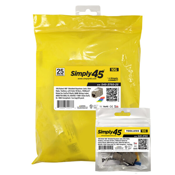 S45-3750-25 - 10G Rated 180 Degree Shielded Keystone Jack - Toolless - 1EA/Bag, 25/Pack