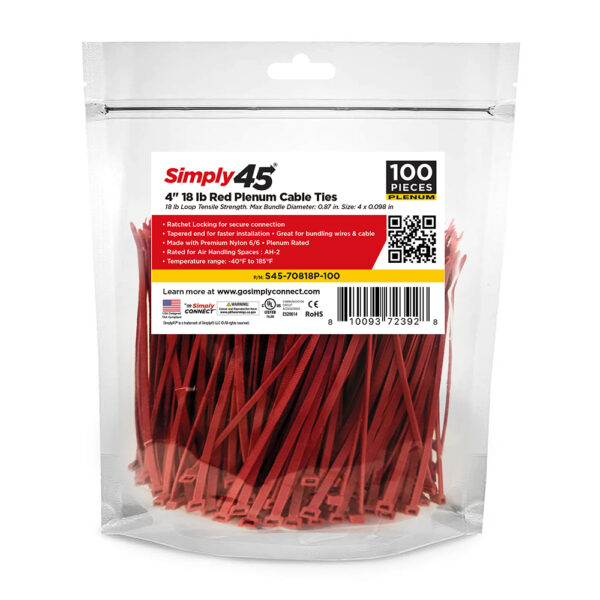 S45-70418P-100 - 4" 18lb UV Red Plenum Cable Ties - 100pc Bag
