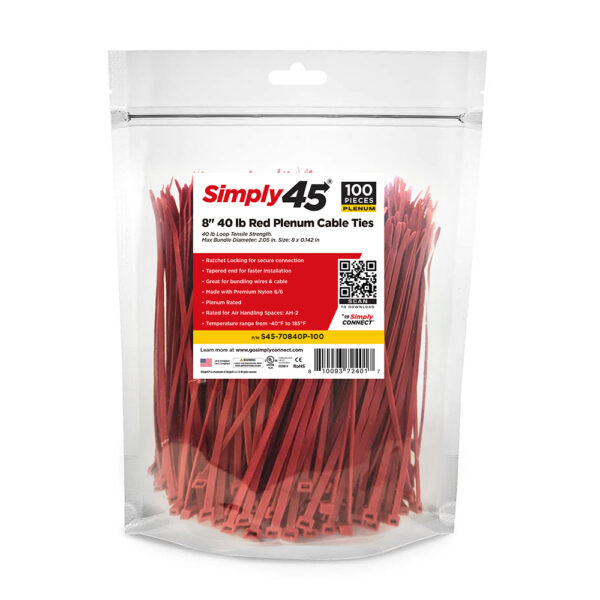 S45-70840P-100 - 8" 40lb UV Red Plenum Cable Ties - 100pc Bag