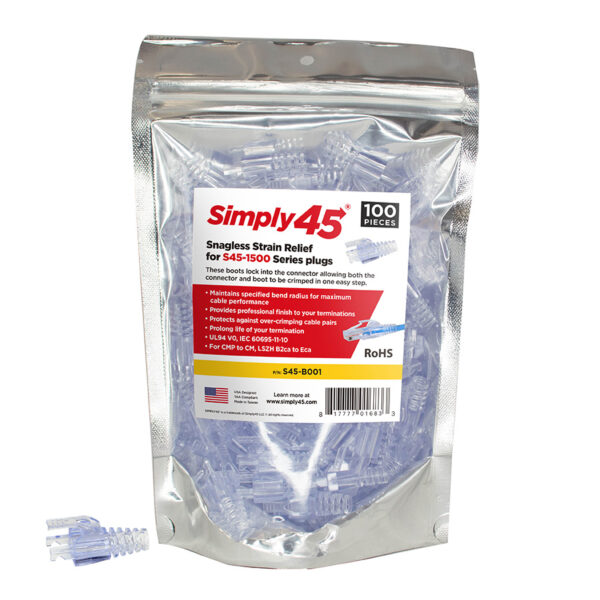 S45-B001 – Cat5e UTP Integrated Strain Reliefs for Simply45® Pass-Through, ProSeries & Standard RJ45 –  100 pc/Resealable Bag