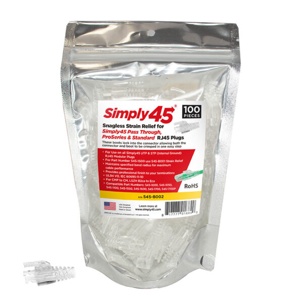 S45-B002 – Cat6/6a UTP Integrated Strain Reliefs for Simply45®  Pass-Through, PROSeries & Standard RJ45 –  100 pc/Resealable Bag