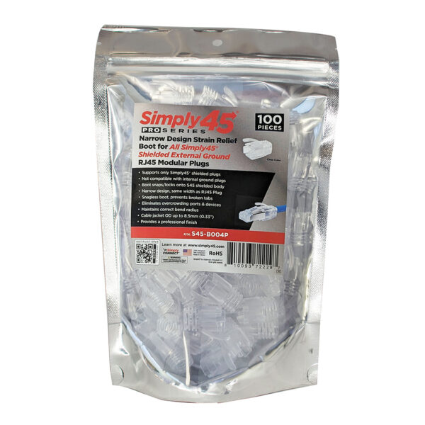 S45-B004P - ProSeries Integrated Strain Relief for all Simpy45® External Ground Shielded RJ45 - Clear - 100pcs/Bag
